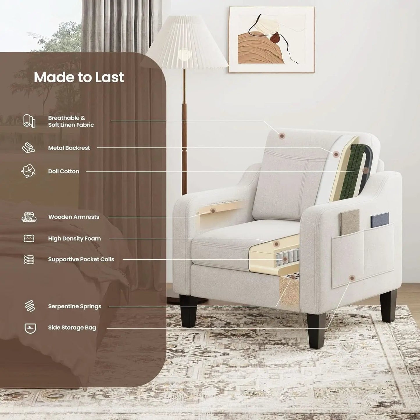 Beige Upholstered Accent Chair Foldable Table Home from PriceLows™