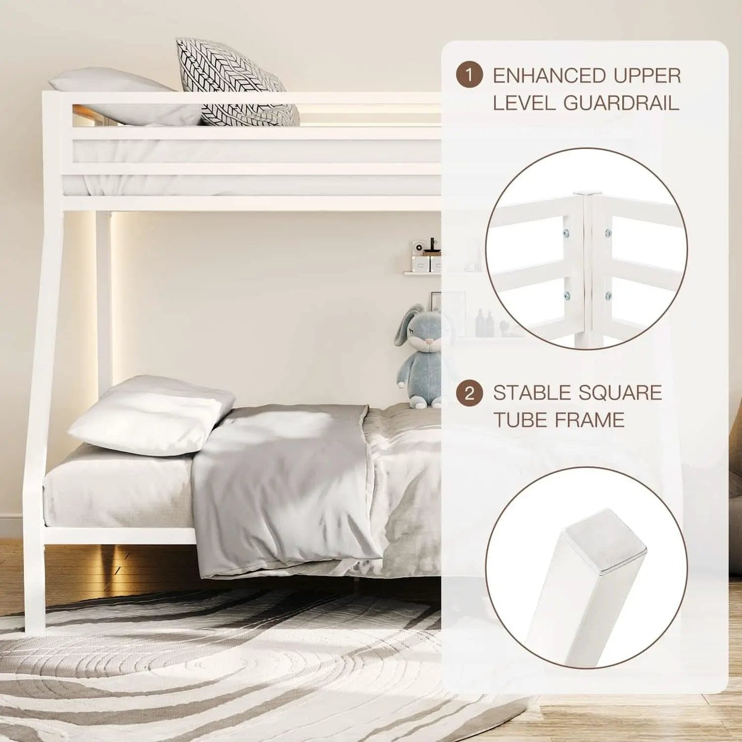 Metal Loft Bunk Bed Twin Over Full Size With Guardrail And Ladder Cream White from PriceLows™