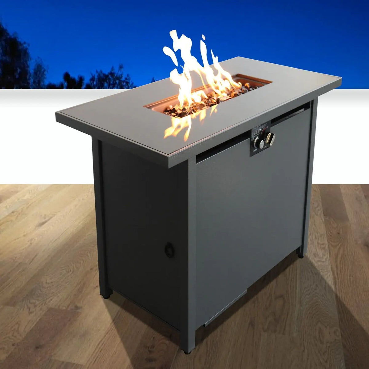 Black Fire Pit Table | Smoked Glass Top | Deck Safe | Push-Button Ignition