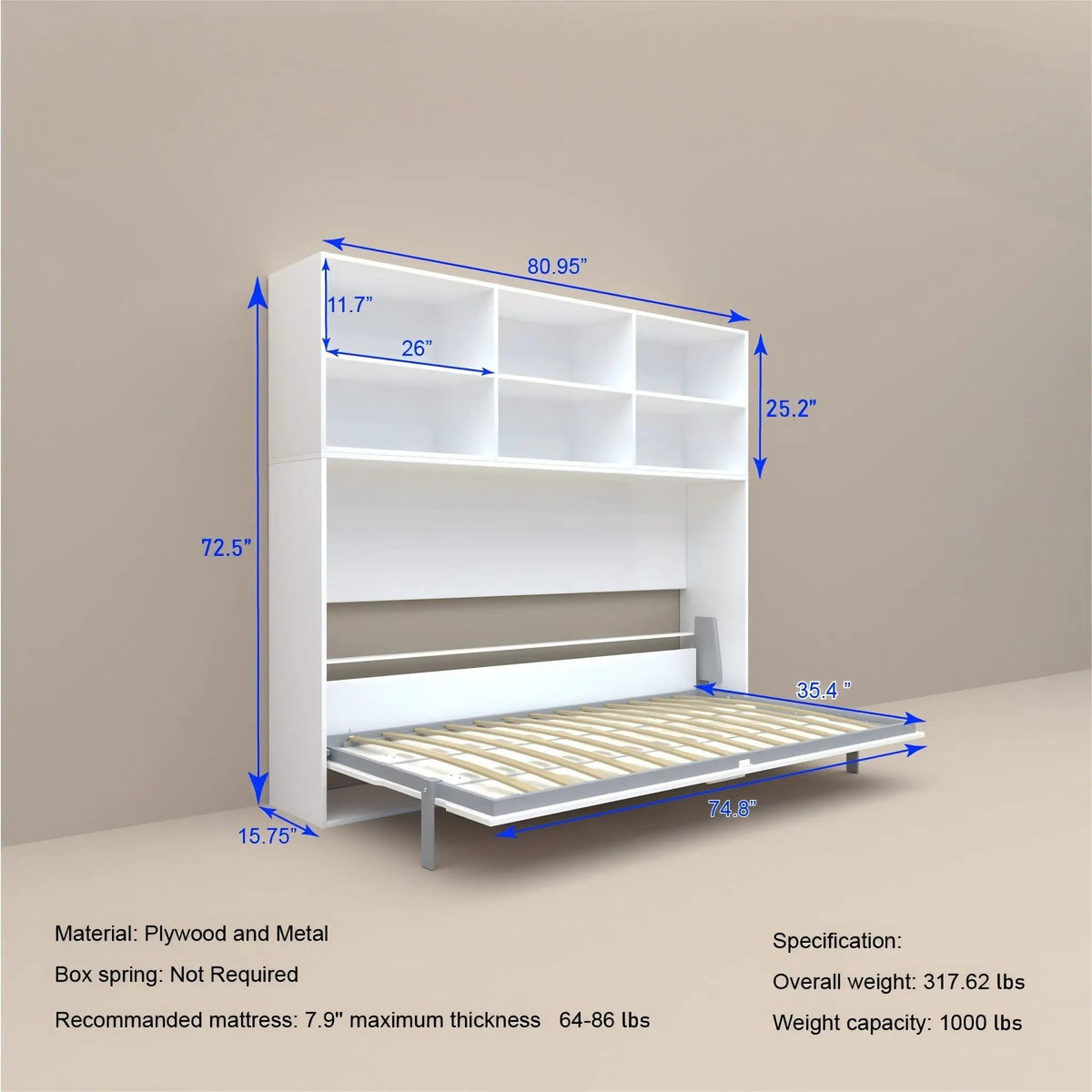 Twin Size Horizontal Murphy Bed | Gas Struts | White | Double Layer Shelf