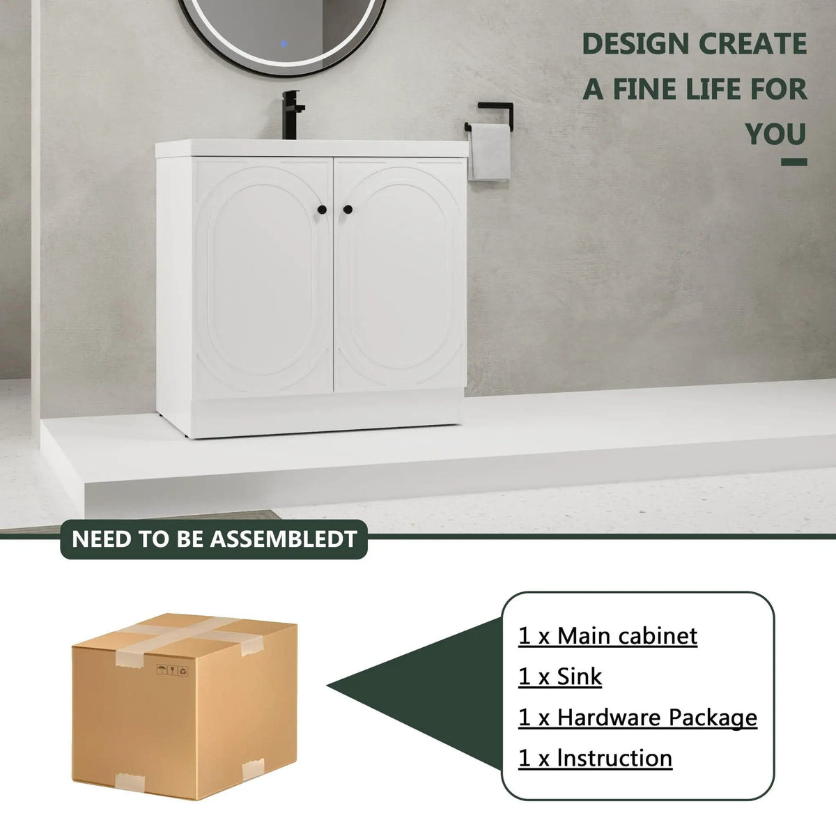 Contemporary Freestanding Bathroom Vanity With Resin Sink & Soft-Close Cabinet Doors | 7 Pieces | Stainless Steel & Plywood | Bathroom
