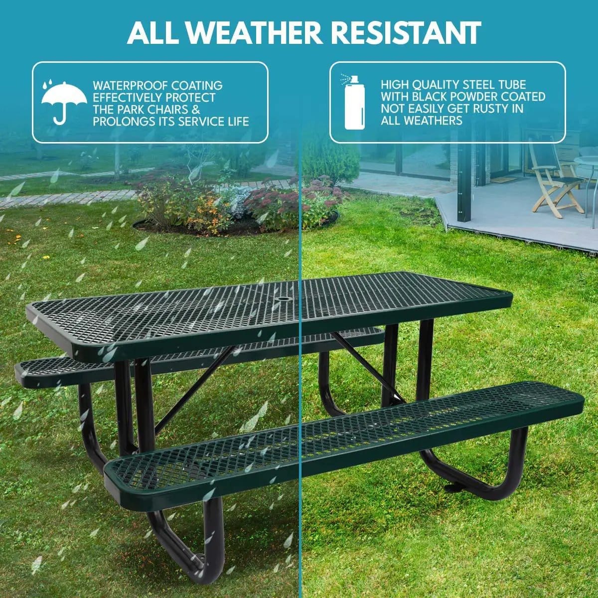 Outdoor Steel Picnic Rectangular Table With Umbrella Pole | 3 Pieces | Steel & Metal | Dining Room