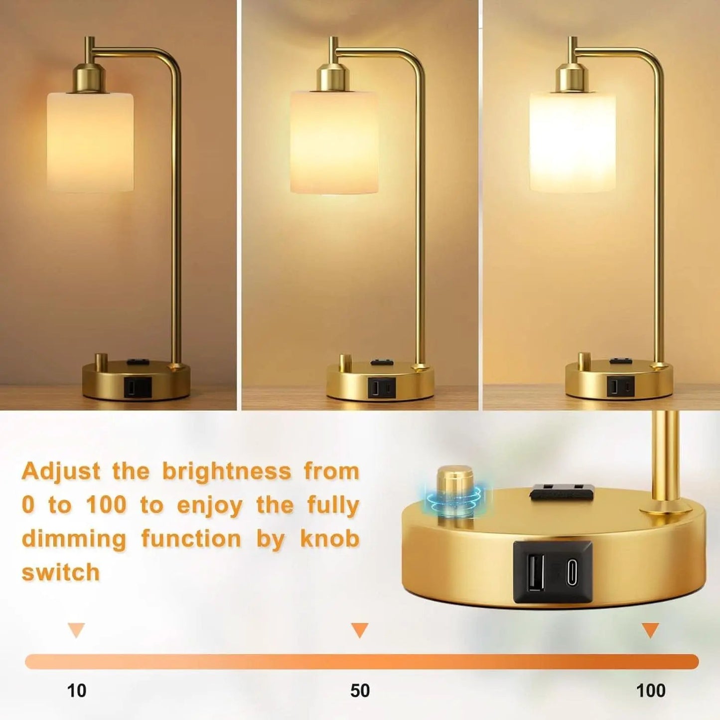 Industrial Table Lamps With USB Ports Dimmable Gold Shade from PriceLows™
