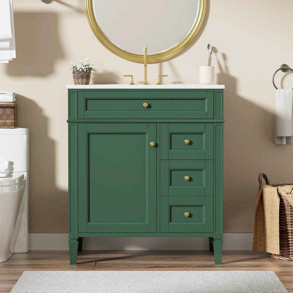 30 Inch Bathroom Vanity With Top Sink | 2 Drawers | Tip-Out Drawer | Vintage-Inspired Handles