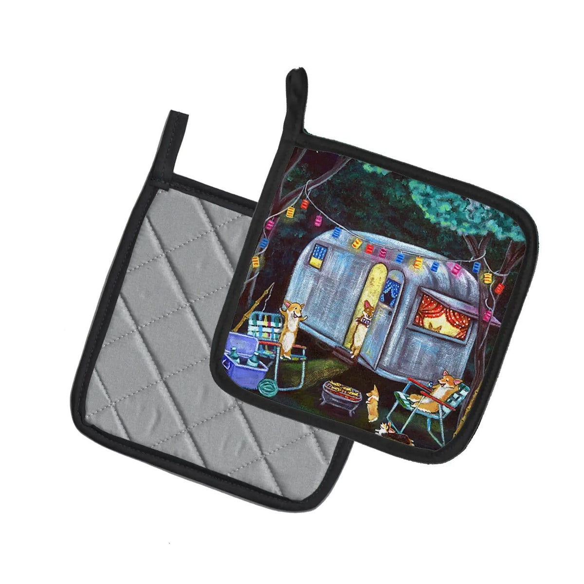 Pot Holder Set of 2 | Heat Resistant Quilted Hot Pads | 7.5 x 7.5 Inch | Corgi Glamping Fish Tales Trailer