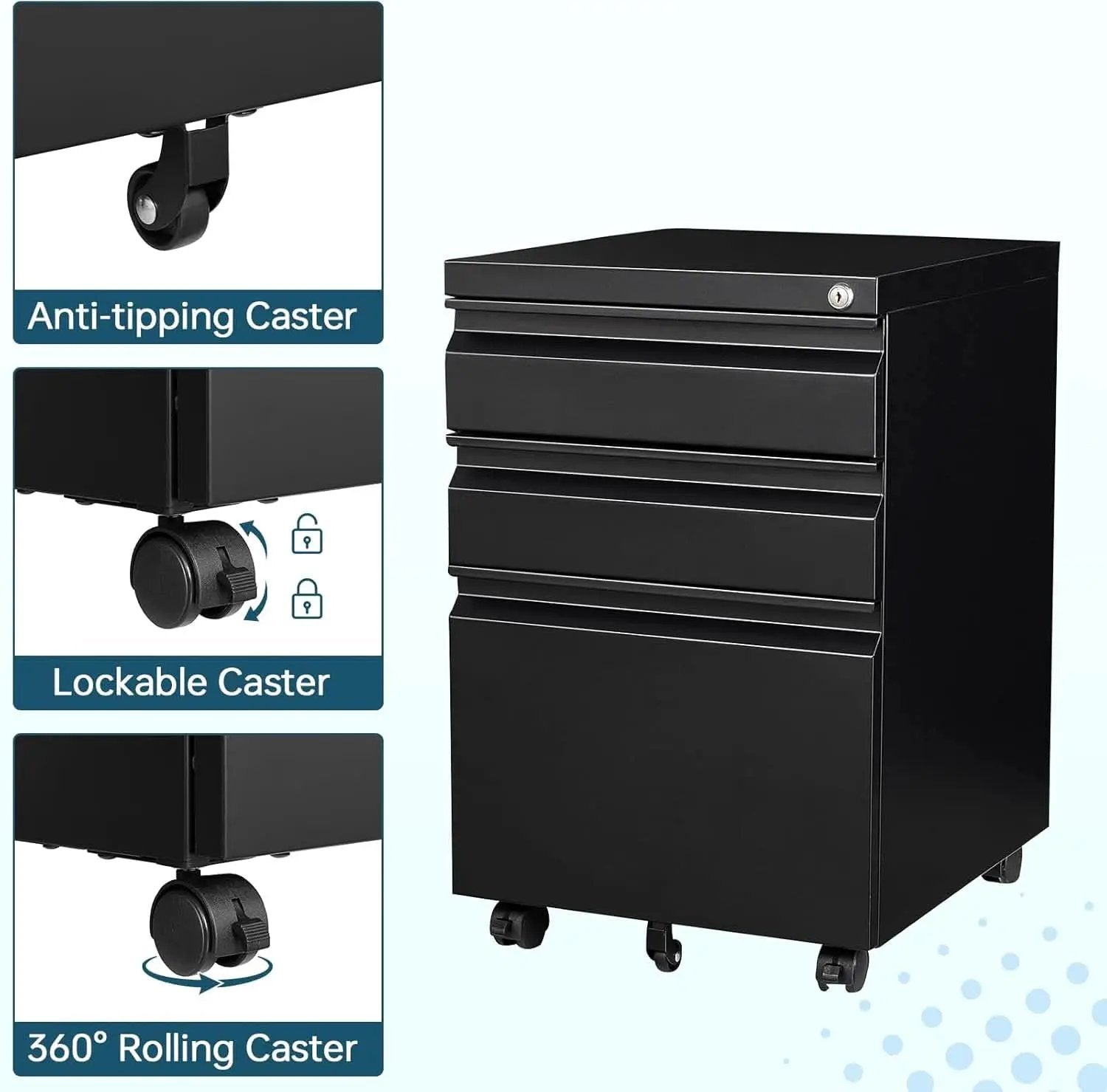 Three Drawer File Cabinet On Wheels With Lock Black Metal from PriceLows™