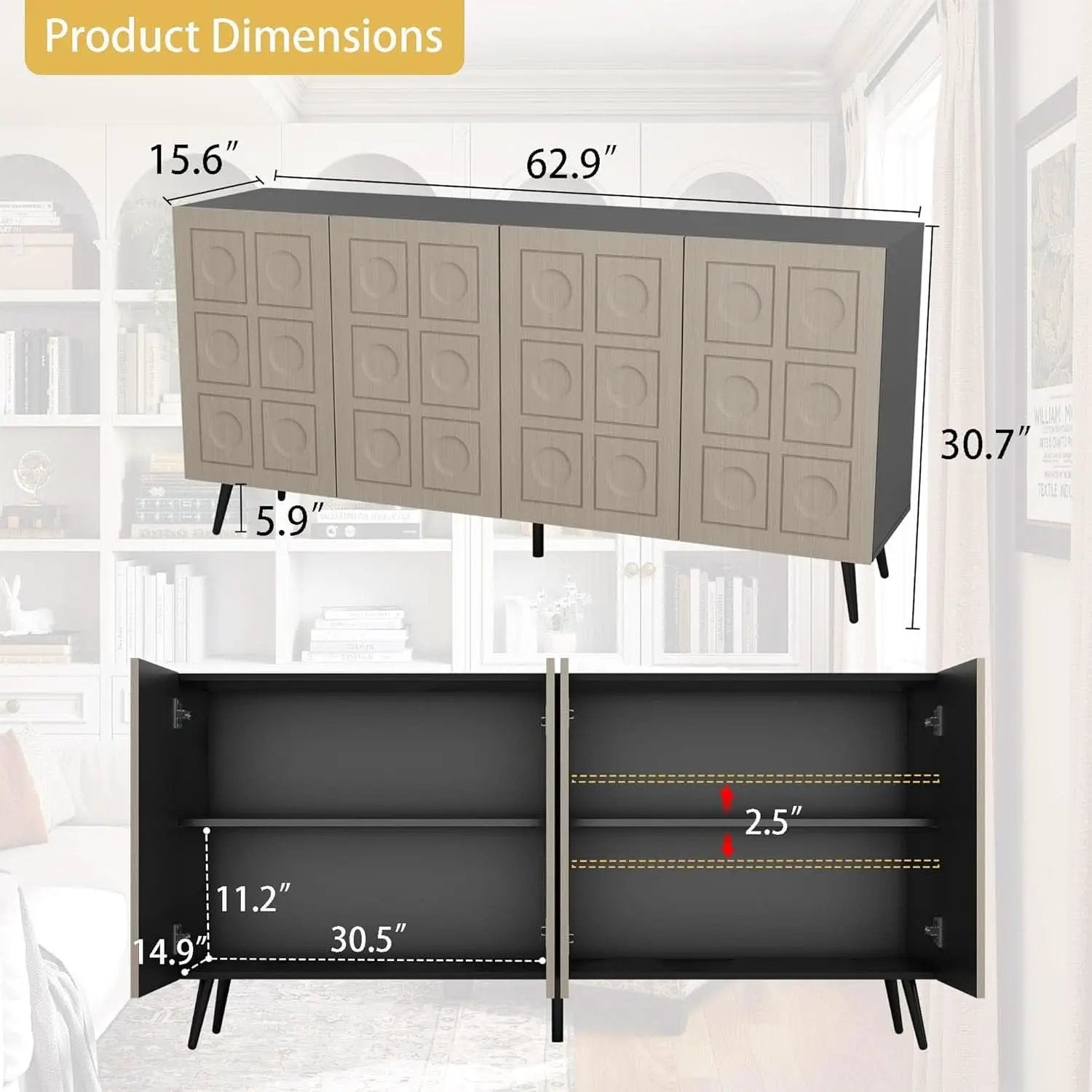 63 Inch Oak And Black Mid Century Modern Sideboard from PriceLows™