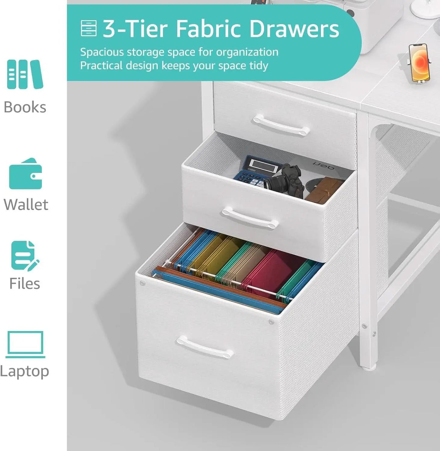 47 Inch White Computer Desk With Fabric File Drawers from PriceLows™