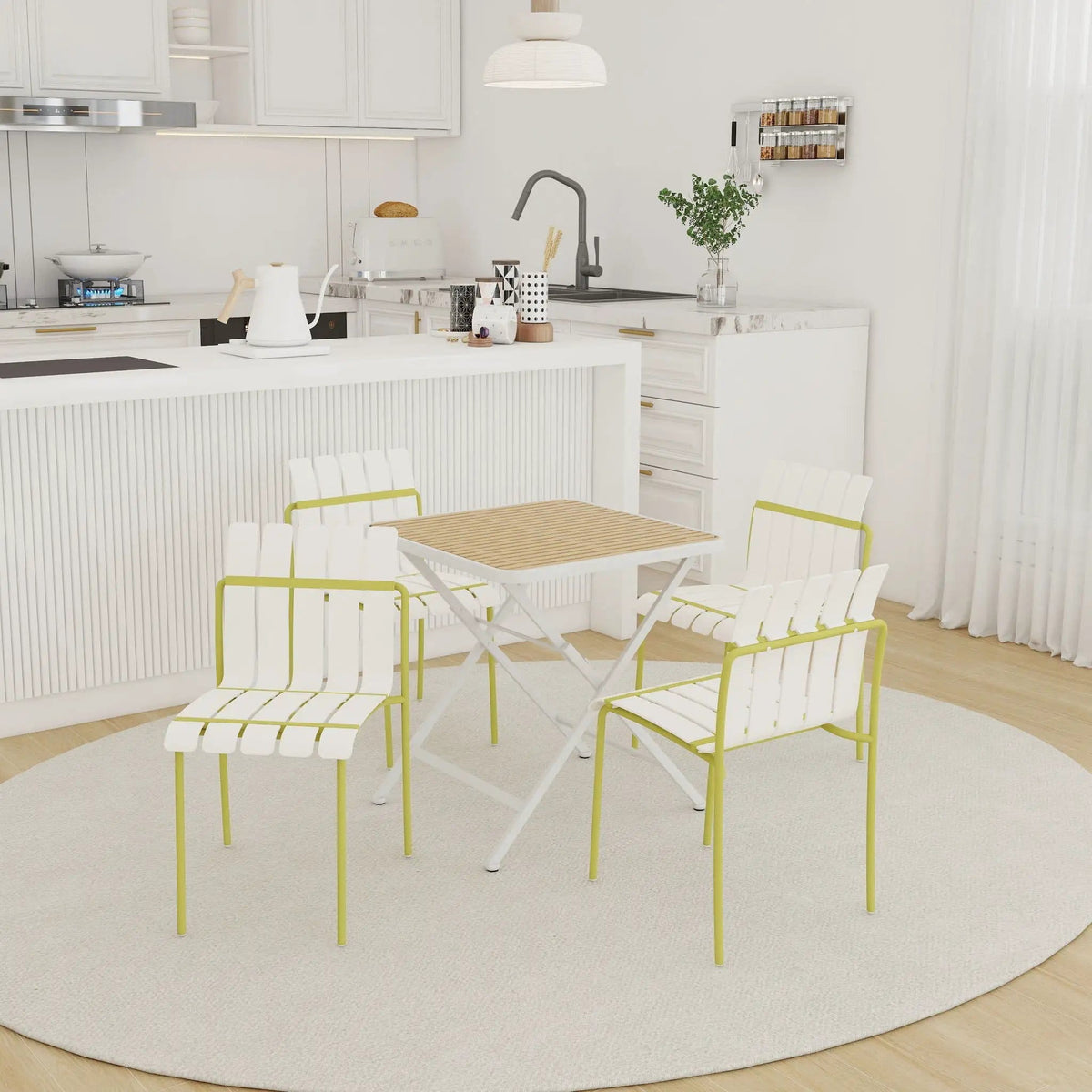 4 Piece Set Of Modern Color Block Designed Single Chairs With Folding Square Table | 4-Piece Set | Metal | Outdoor Living