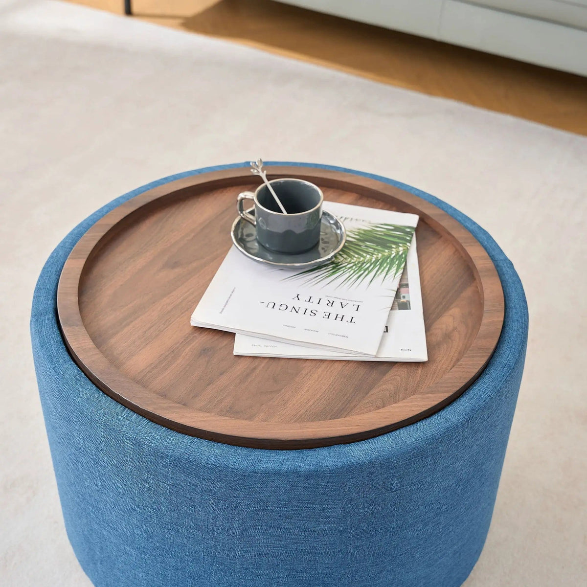 Nesting Ottomans, Round Coffee Table & Bench With Tray (Set of 2) | 4 Piece Living Room Set | Fabric & Wood | Living Room