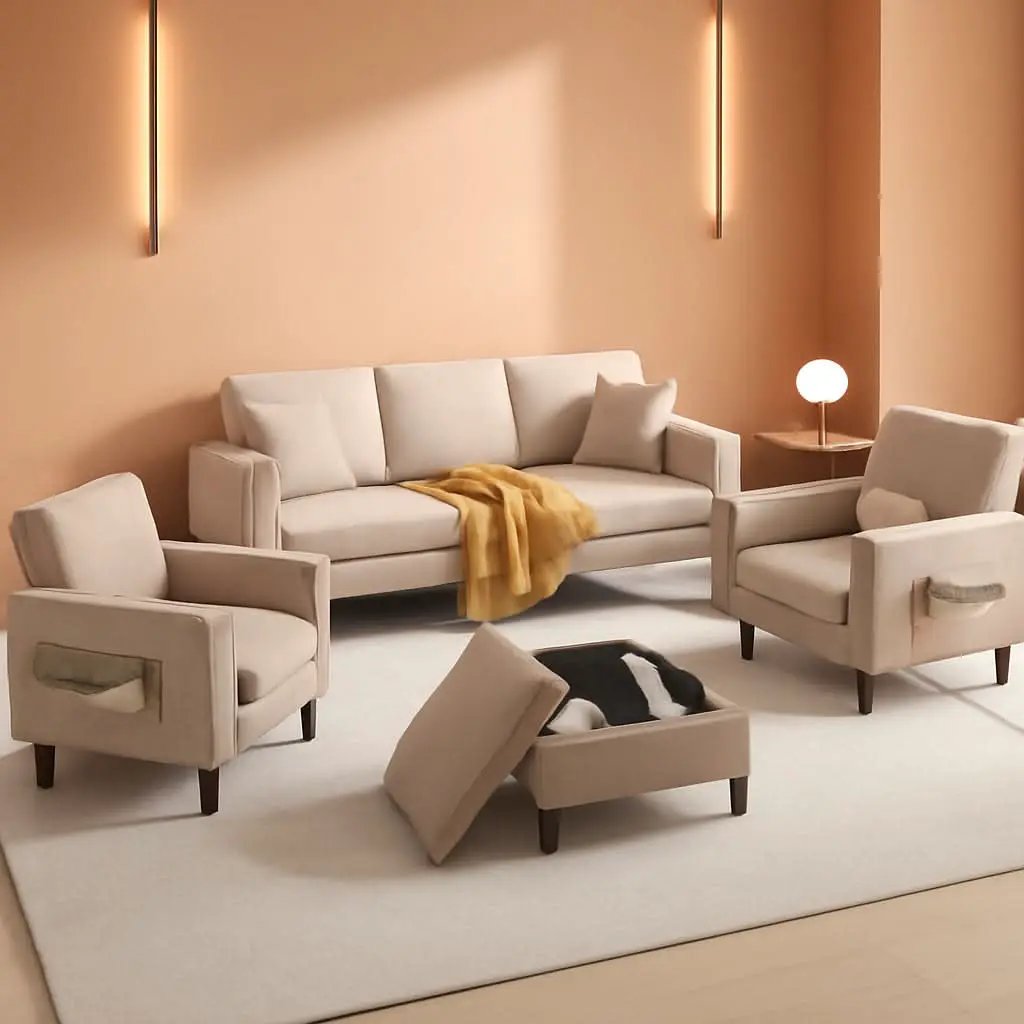 Beige Sectional Sofa Set With Movable Storage Ottoman from PriceLows™