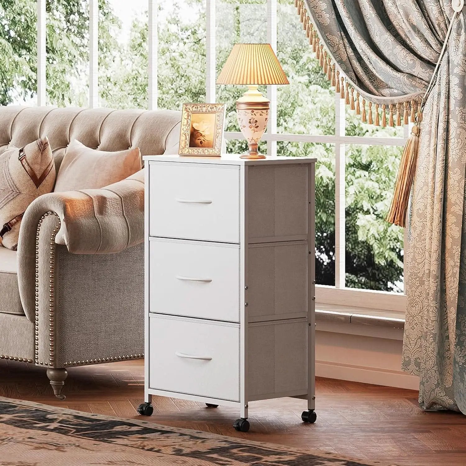 White Dresser With 3 Drawers And Wheels Wood Top Storage from PriceLows™
