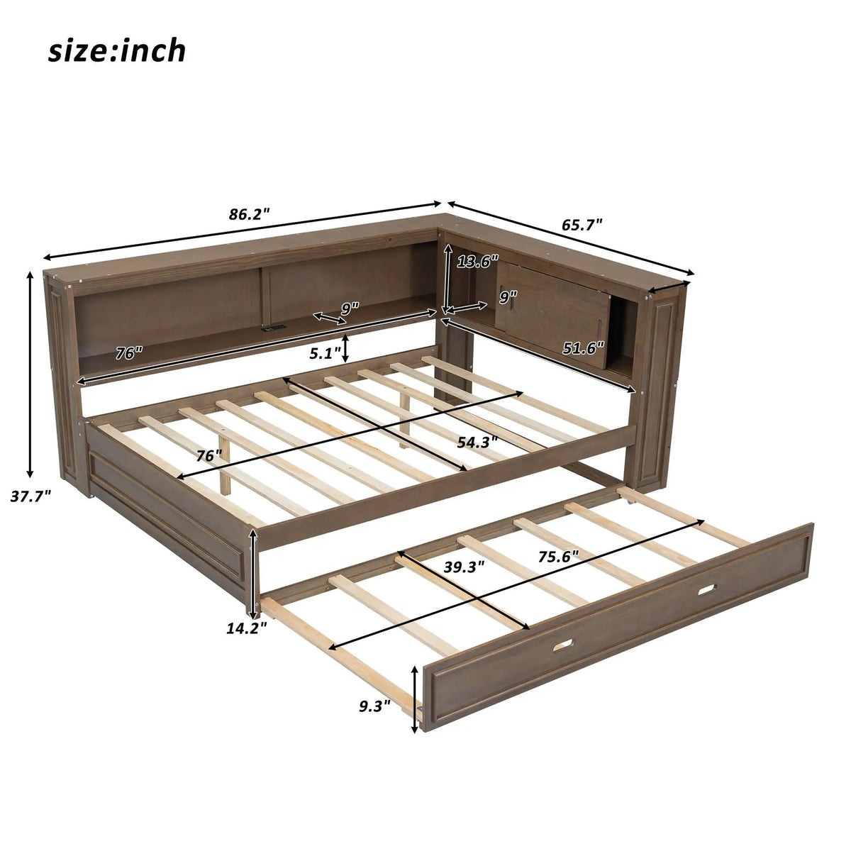 Daybed With Trundle | Storage Shelves | LED Strip With Remote | USB Charging