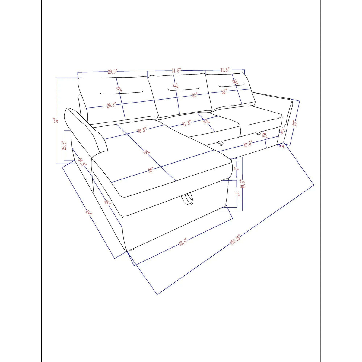 Montana Sofabed With Storage Stationary Sectional | 103.25 x 59 x 37 in | Polyester & Fabric | Gray