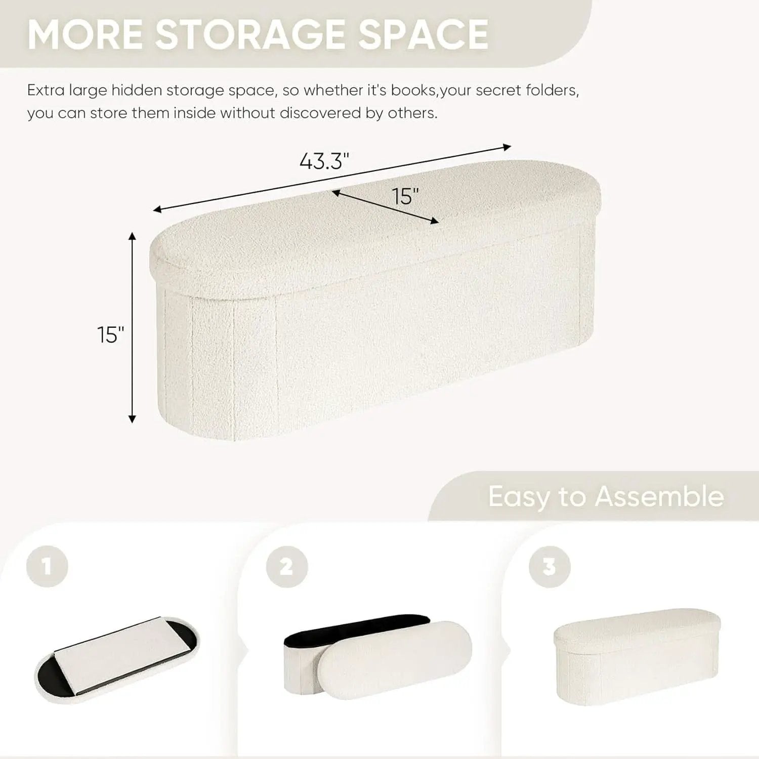 Sherpa Lined Folding Storage Ottoman 43.3 Inch White from PriceLows™