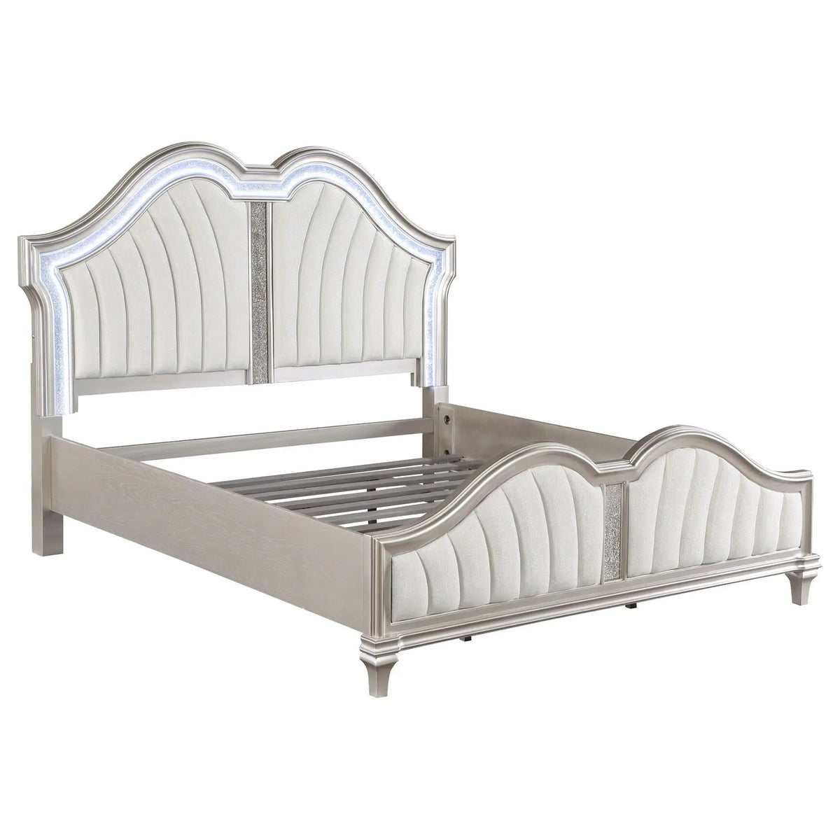 Evangeline Wood Eastern King LED Panel Bed Silver | 85.75 x 88.25 x 66.5 in | Chenille & Wood | Oak