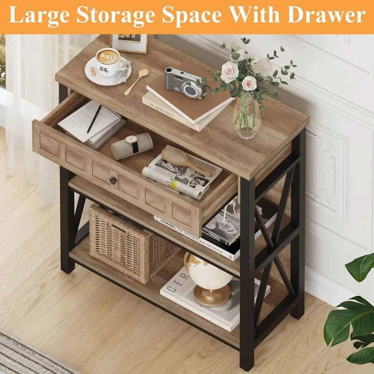 Rustic Oak 3 Tier Bookshelf With Drawer Industrial Wood And Metal Bookcase from PriceLows™