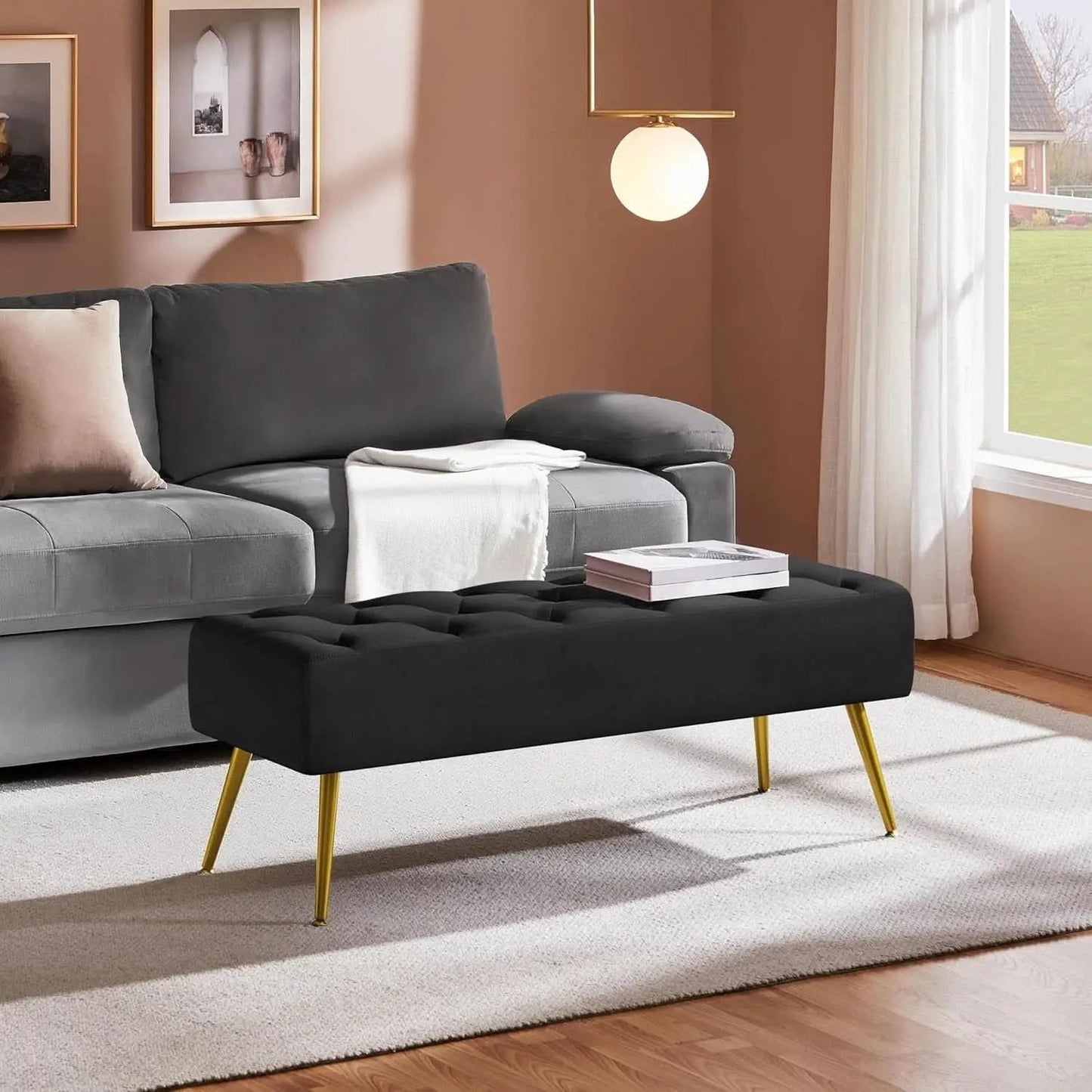 Black Velvet Upholstered Ottoman Bench Golden Legs from PriceLows™