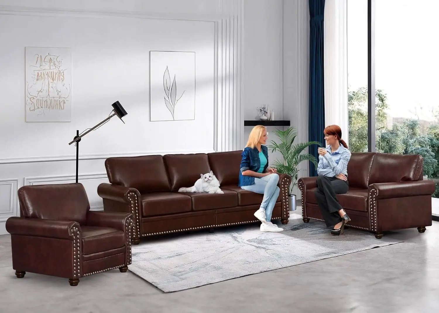 3 Piece Faux Leather Sofa Set With Storage In Burgundy Mid Century Modern Living Room from PriceLows™