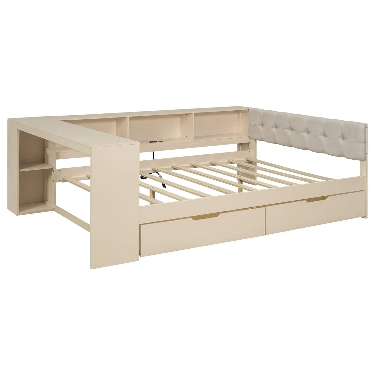 Upholstered Headboard Platform Bed | Storage Shelves | Two Drawers | Charging Station