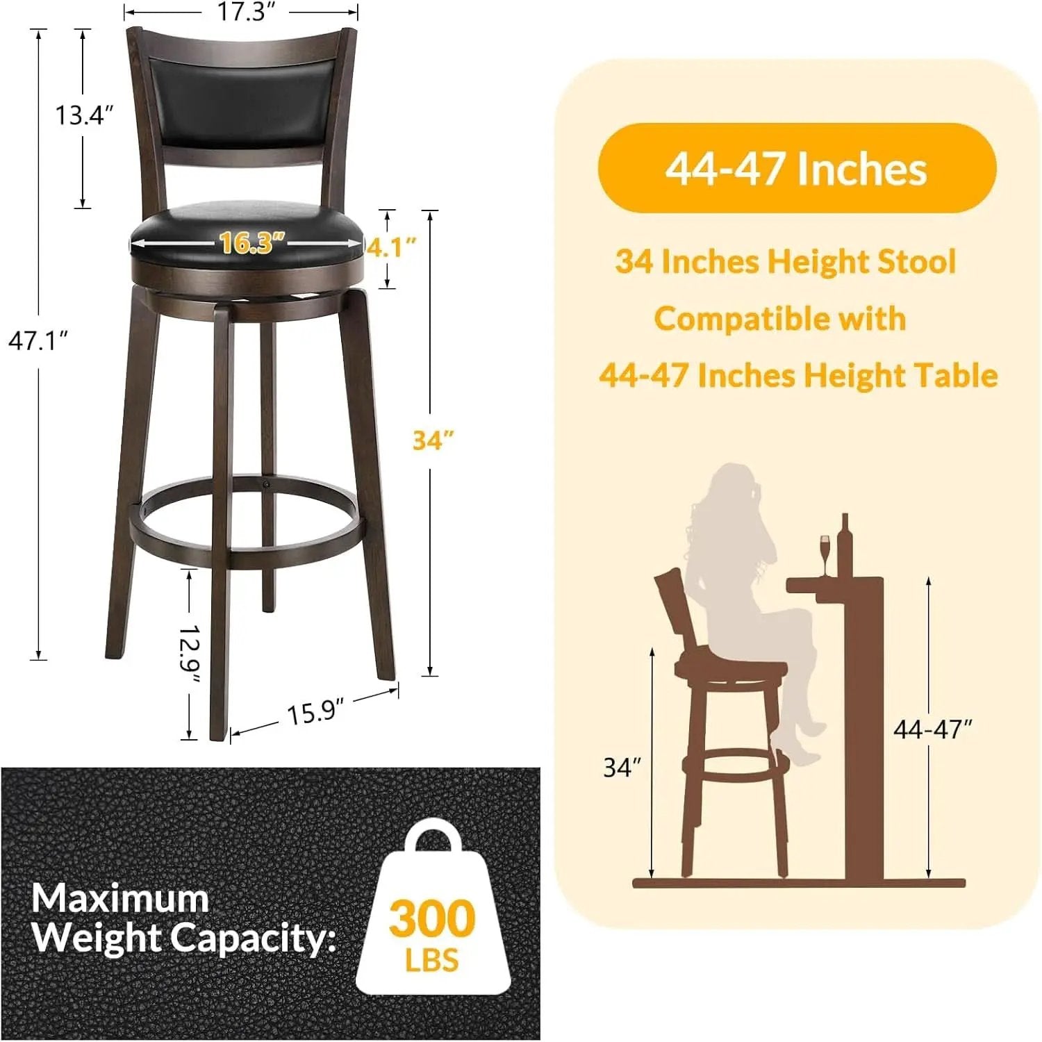 Swivel Bar Stools Set of 2 Black Faux Leather 34 Inch from PriceLows™