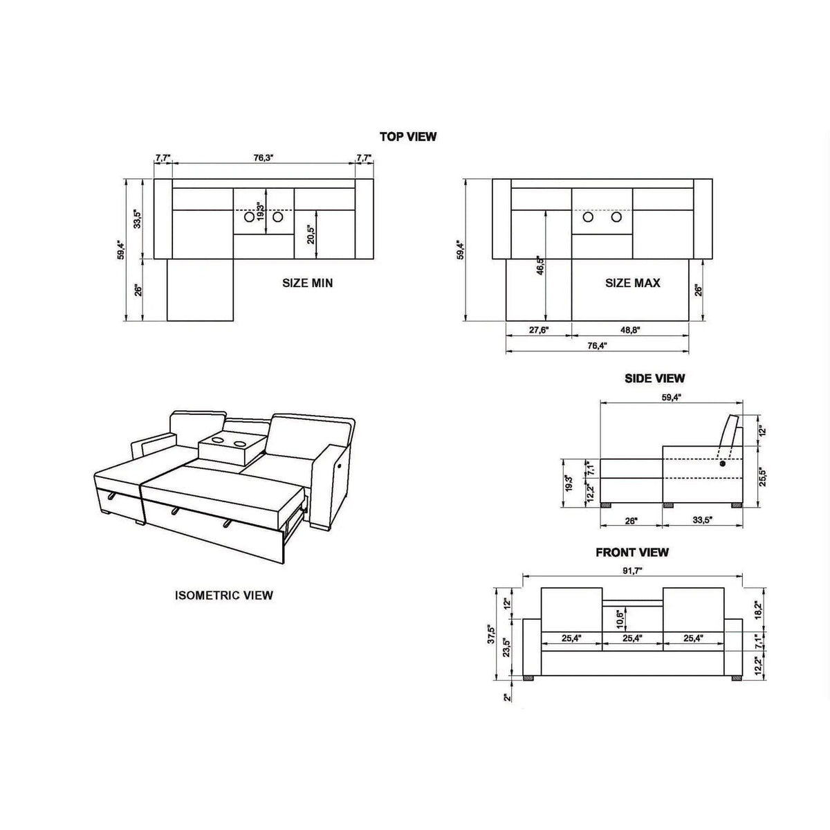 Territory Pull Out Sofa Bed Sleeper Sectional | 3 Pieces | Fabric | Bedroom