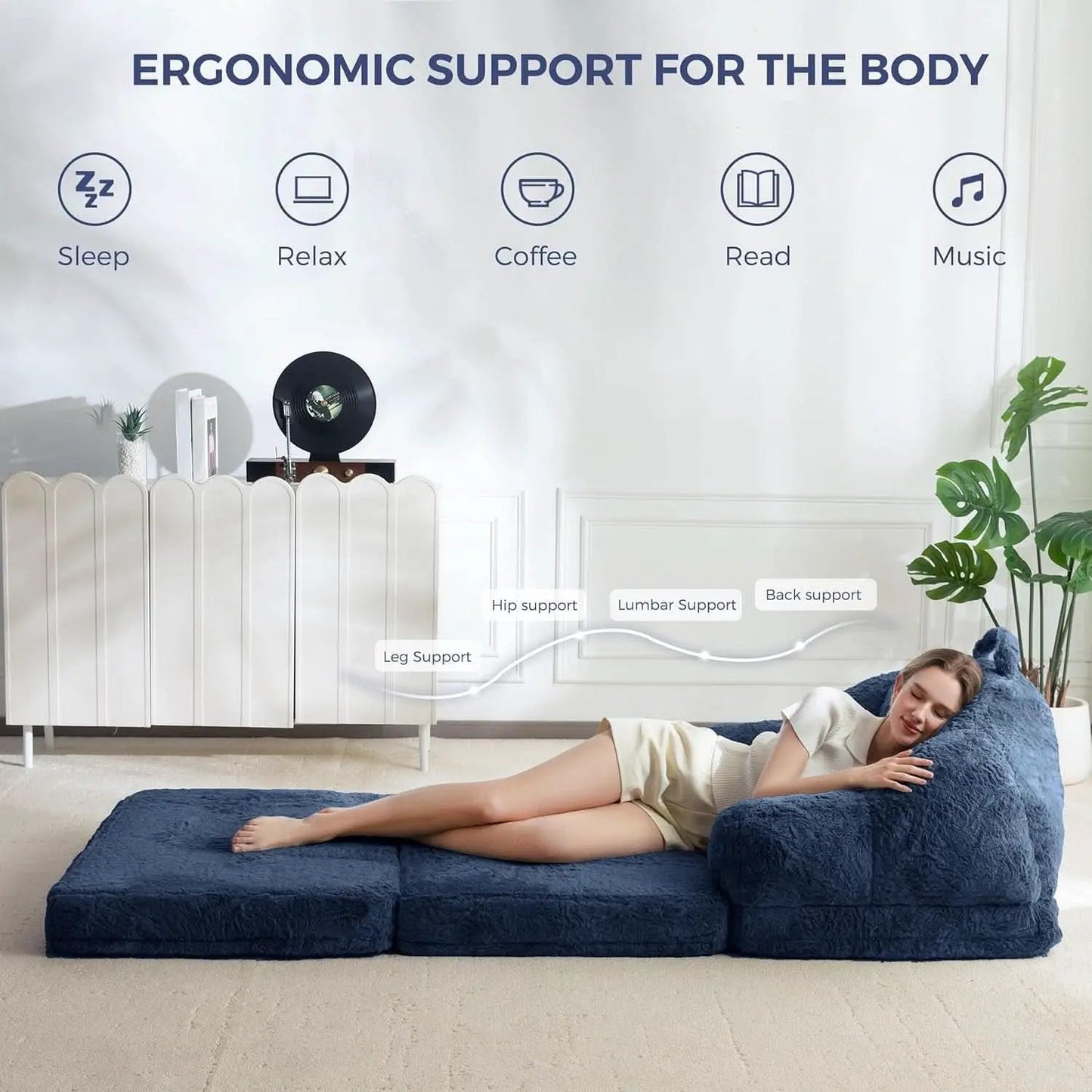 Navy Upholstered Folding Sofa Bed Convertible Lounger from PriceLows™