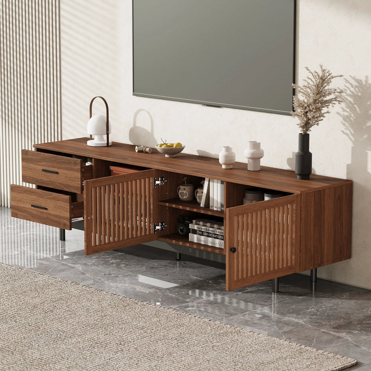 TV Stand | Adjustable Shelves | Cable Management | Walnut