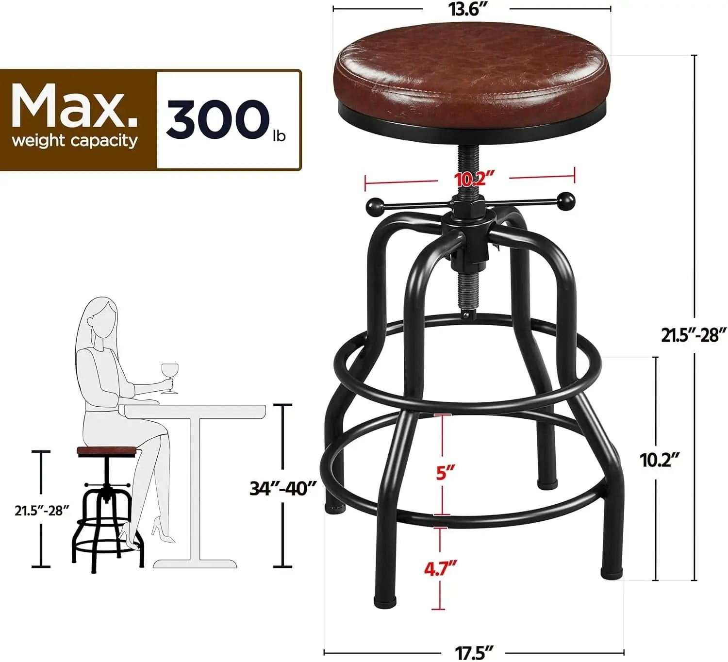 Industrial Bar Stool Adjustable Brown Counter Height from PriceLows™