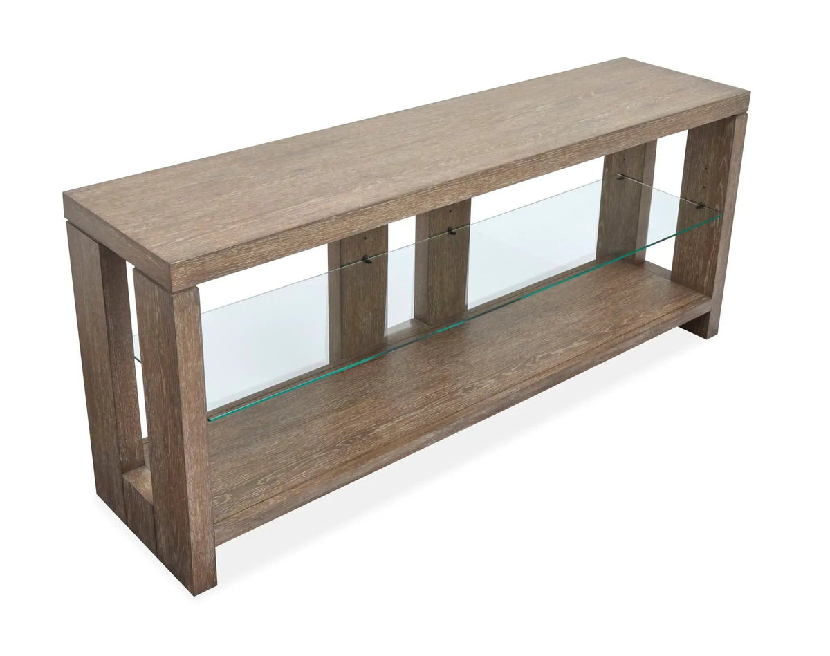 Conway Console Sofa Table | 16 x 64 x 27 in | Oak Veneer & Tempered Glass | Spiced Brown
