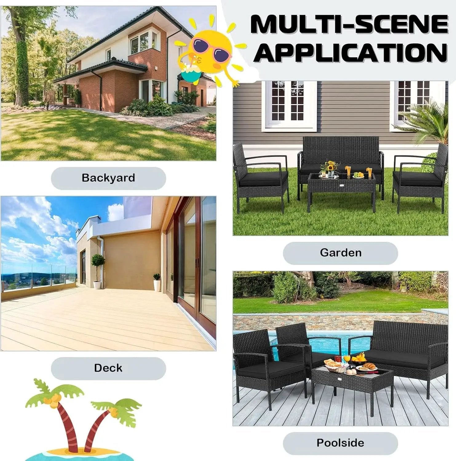 4 Piece Patio Rattan Conversation Set Glass Coffee Table from PriceLows™