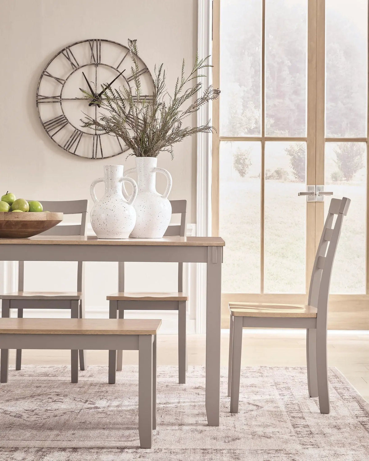 Dining Table Set | 6 Piece | Natural Gray Finish | With Bench And Chairs
