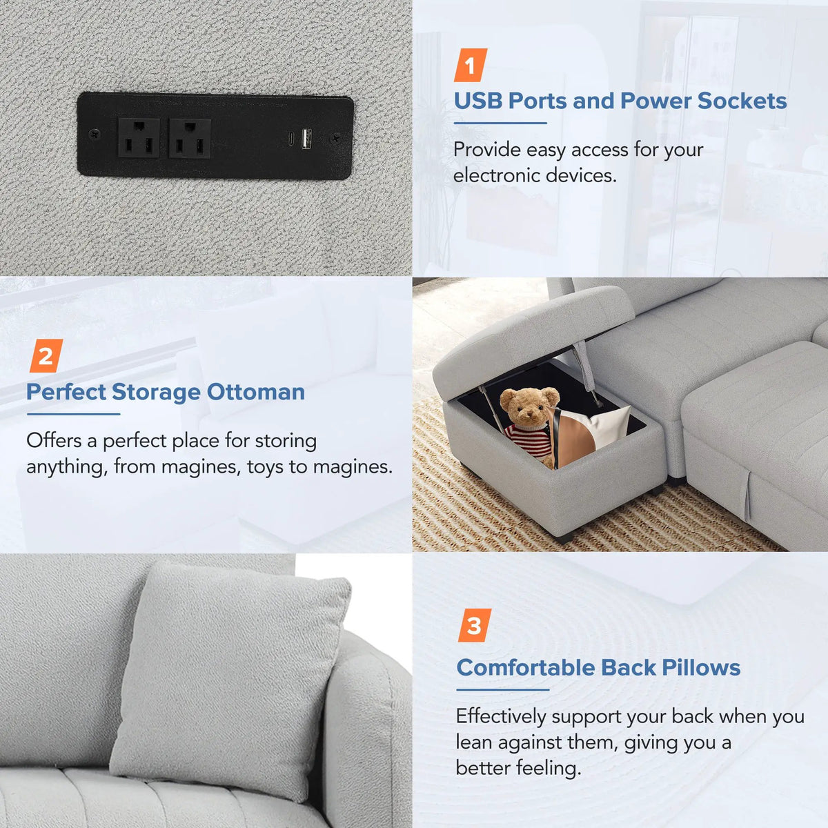 L Shaped Sectional Sofa Bed | USB Ports | Power Sockets | Storage Ottoman