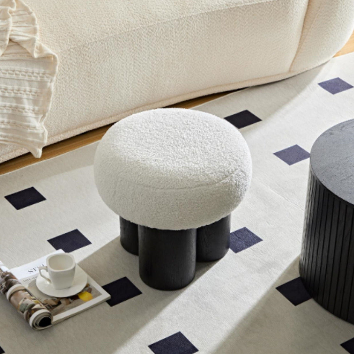 Mushroom Stool With Cushion | Greige Cushion | Wooden Barrel Base | 15.75 Inch Height