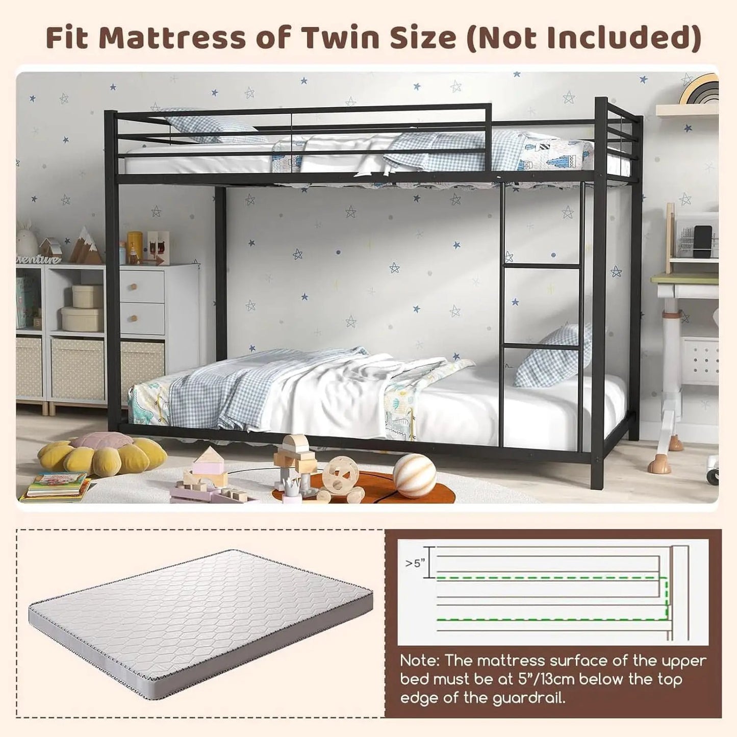 Metal Bunk Bed Twin Over Twin With Safety Guard Rails from PriceLows™