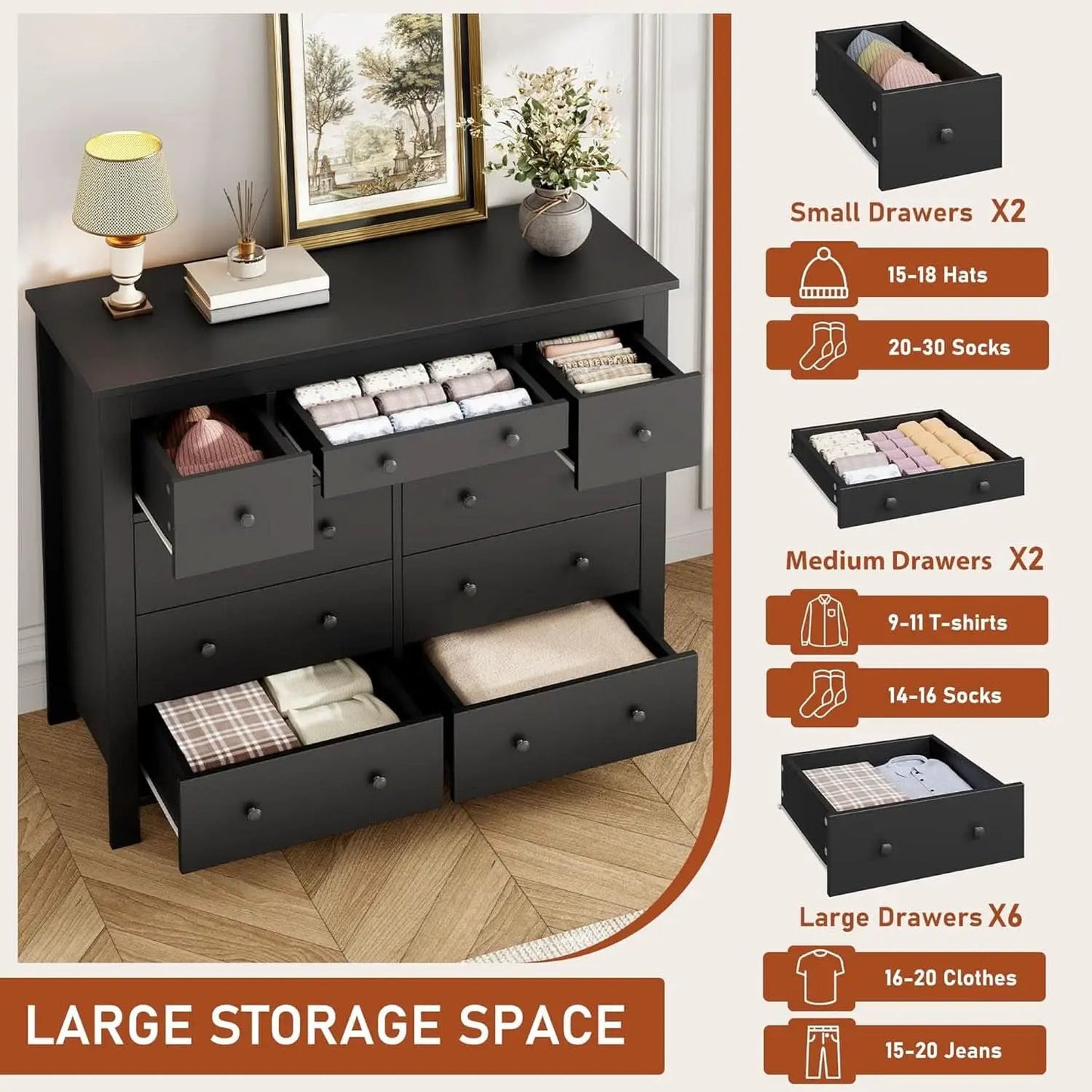 Ten Drawer Premium Hardwood Dresser Walnut Finishing from PriceLows™