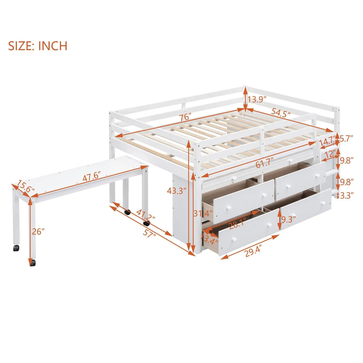 Loft Bed With Retractable Desk | 4 Front Drawers | Lateral Portable Desk | Side Shelves