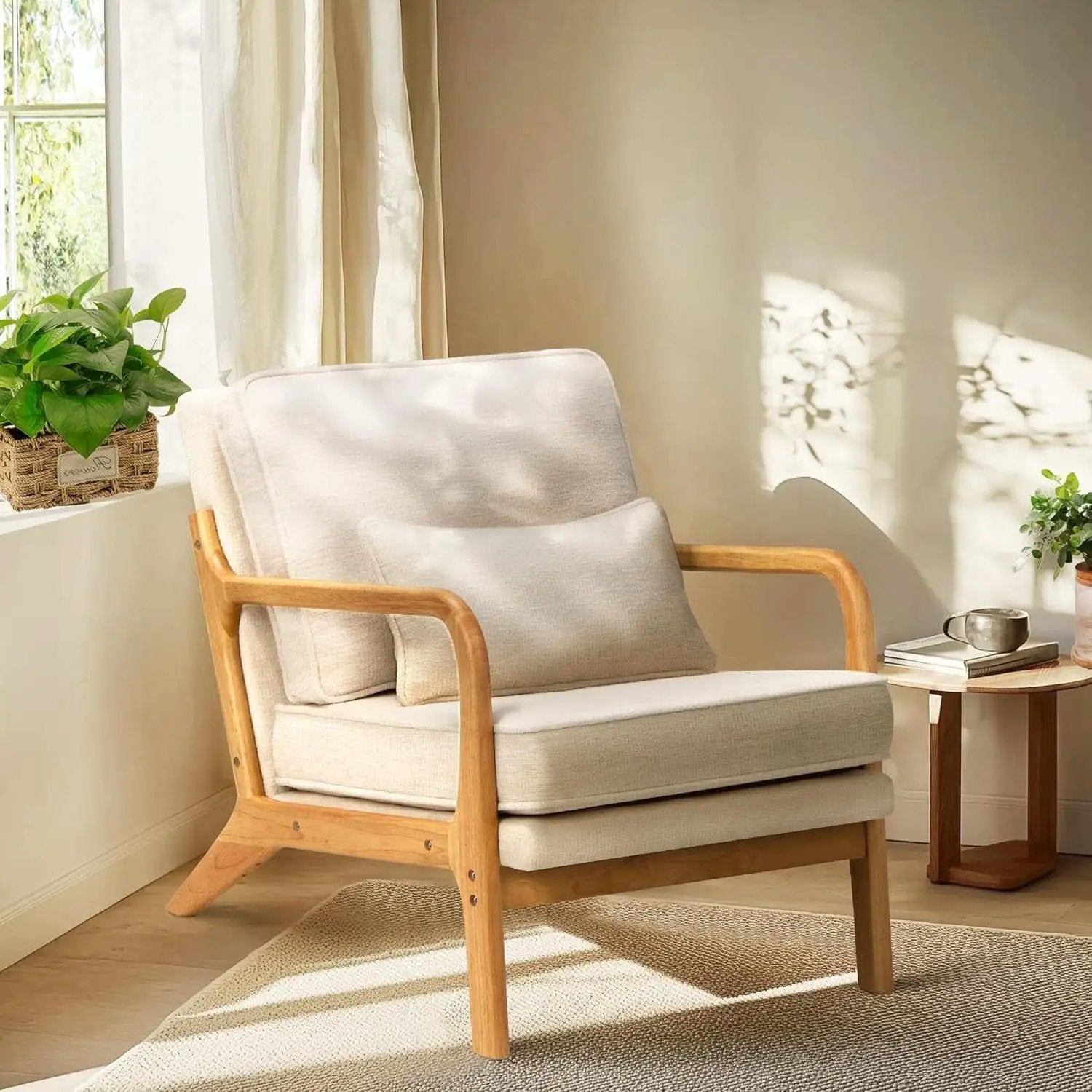 Beige Upholstered Accent Chairs With Lumbar Pillows from PriceLows™