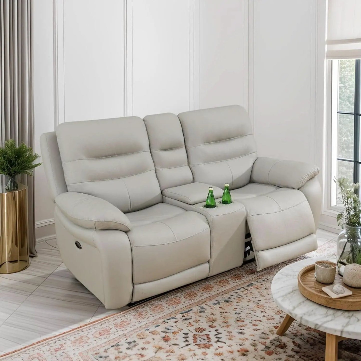 Power Reclining Leather Sofa Set With USB Port Light Grey from PriceLows™