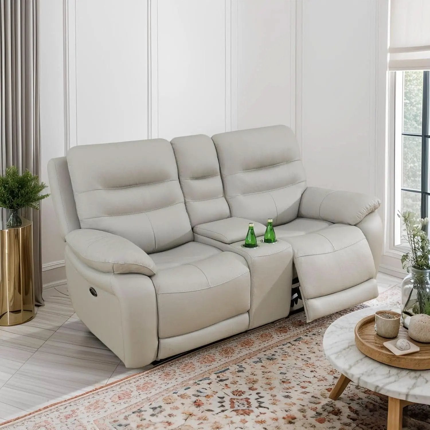Power Reclining Leather Sofa Set With USB Port Light Grey from PriceLows™