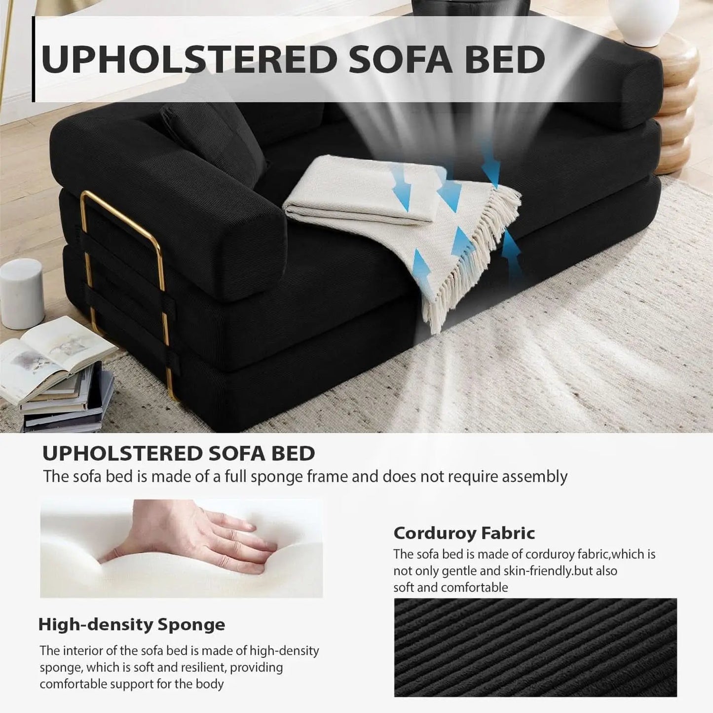 Corduroy 78Inch Multifunctional Convertible Sofa Bed Black from PriceLows™