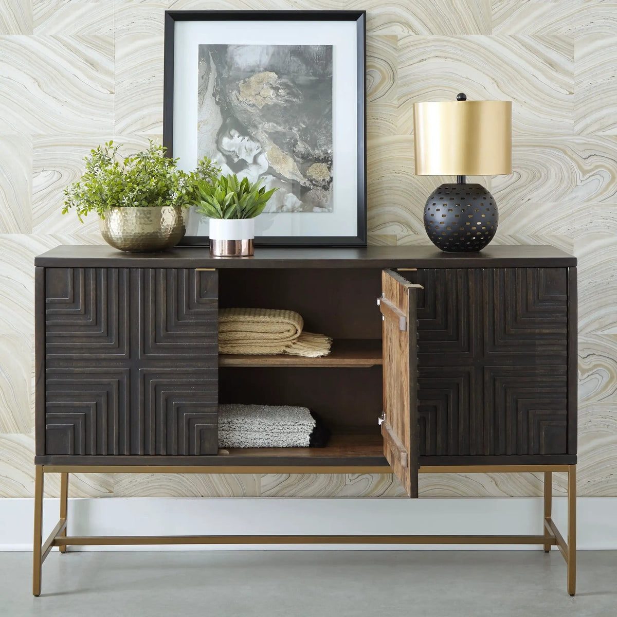 Elinmore Accent Cabinet | 57.88 x 16 x 36.25 in | Engineered Wood & Metal | Brown / Gold Finish