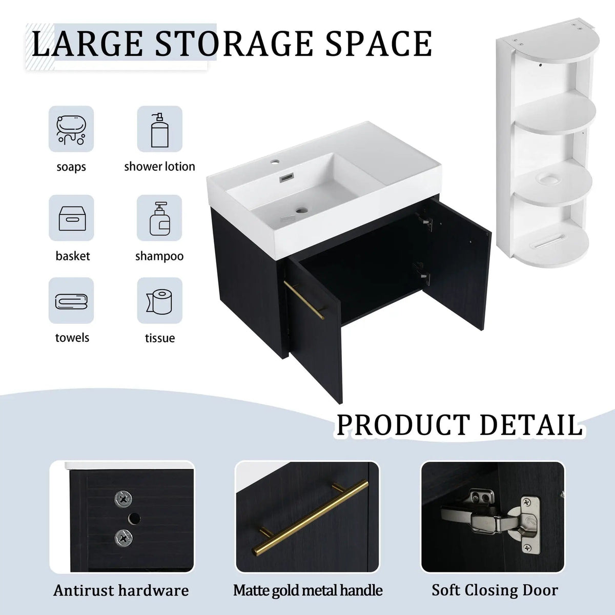 Modern Wall Mounted Bathroom Vanity With Resin Sink And Storage Rack | 2 Pieces | Stainless Steel & Plywood | Bathroom