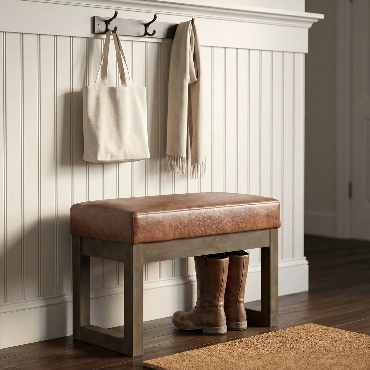 Milltown Upholstered Ottoman Bench | Driftwood Solid Wood Base | Versatile Design | 44.5 Inch Width