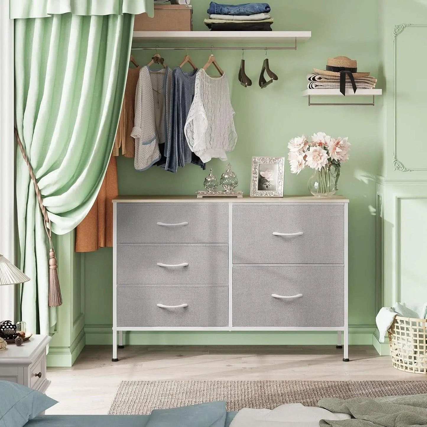 Light Grey Fabric Dresser With 5 Drawers And Drawer Organizers from PriceLows™