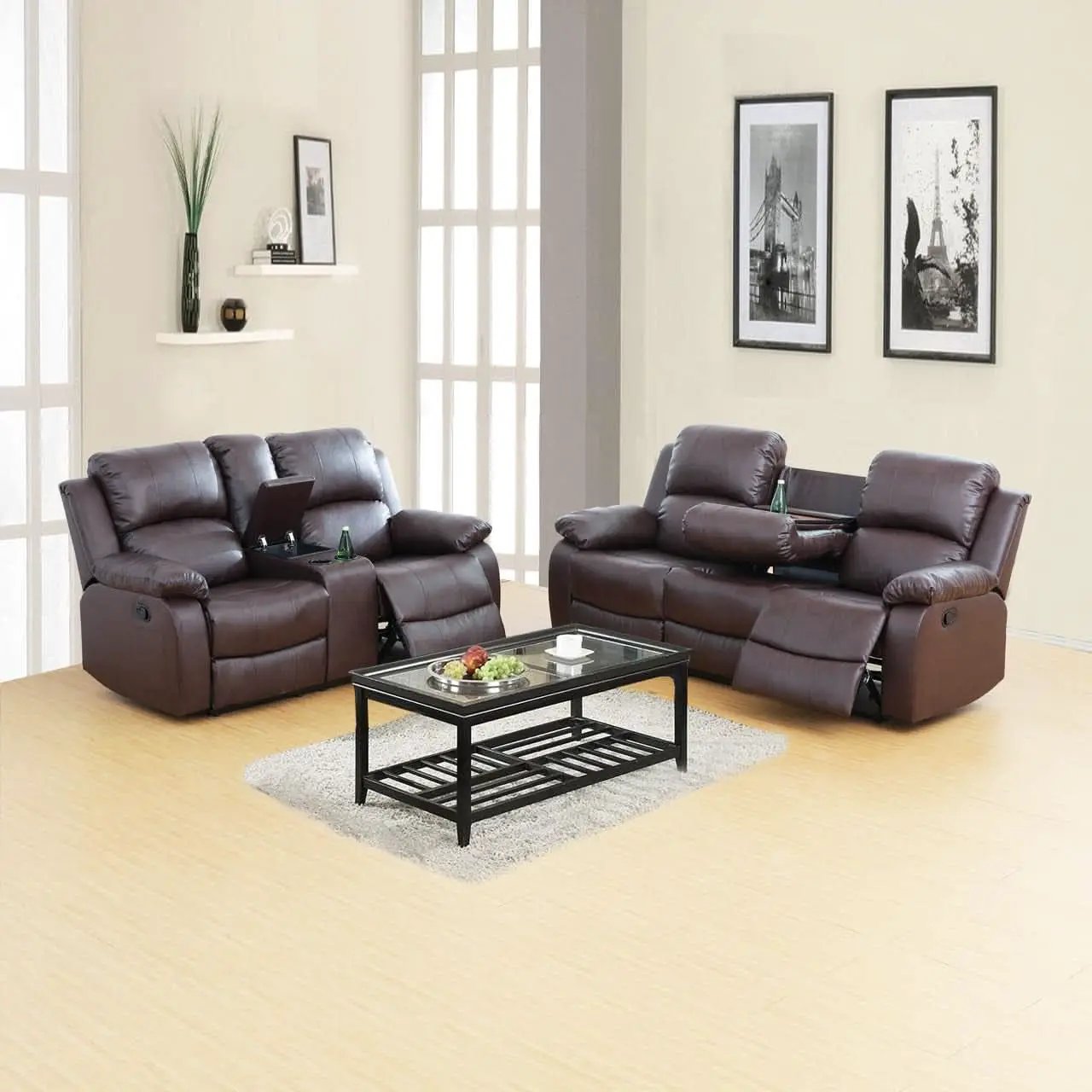 Bonded Leather Living Room Sofa Set With Reclining Sofa And Loveseat Brown from PriceLows™