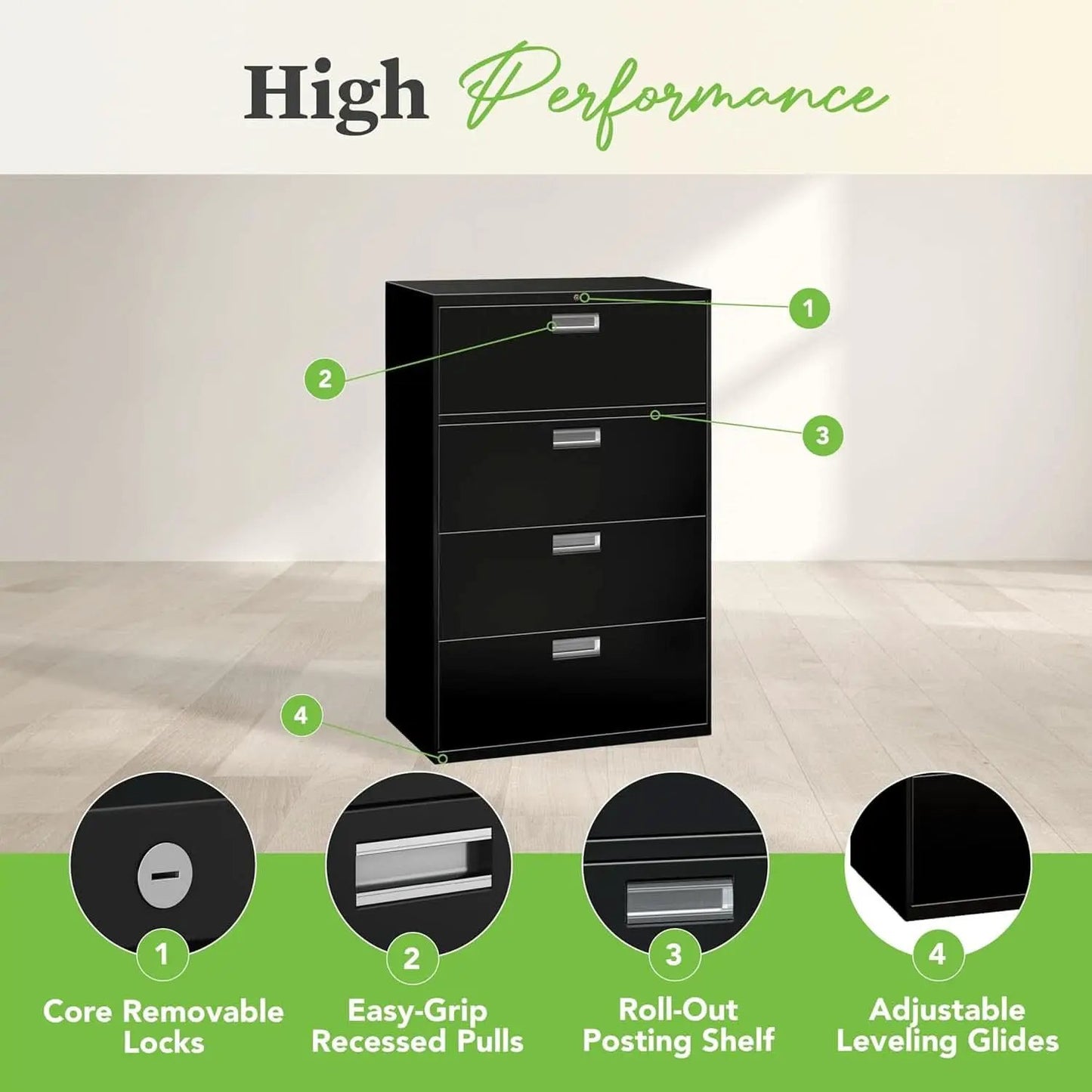 Lateral File Cabinet 4 Drawer Black Metal Office Storage from PriceLows™
