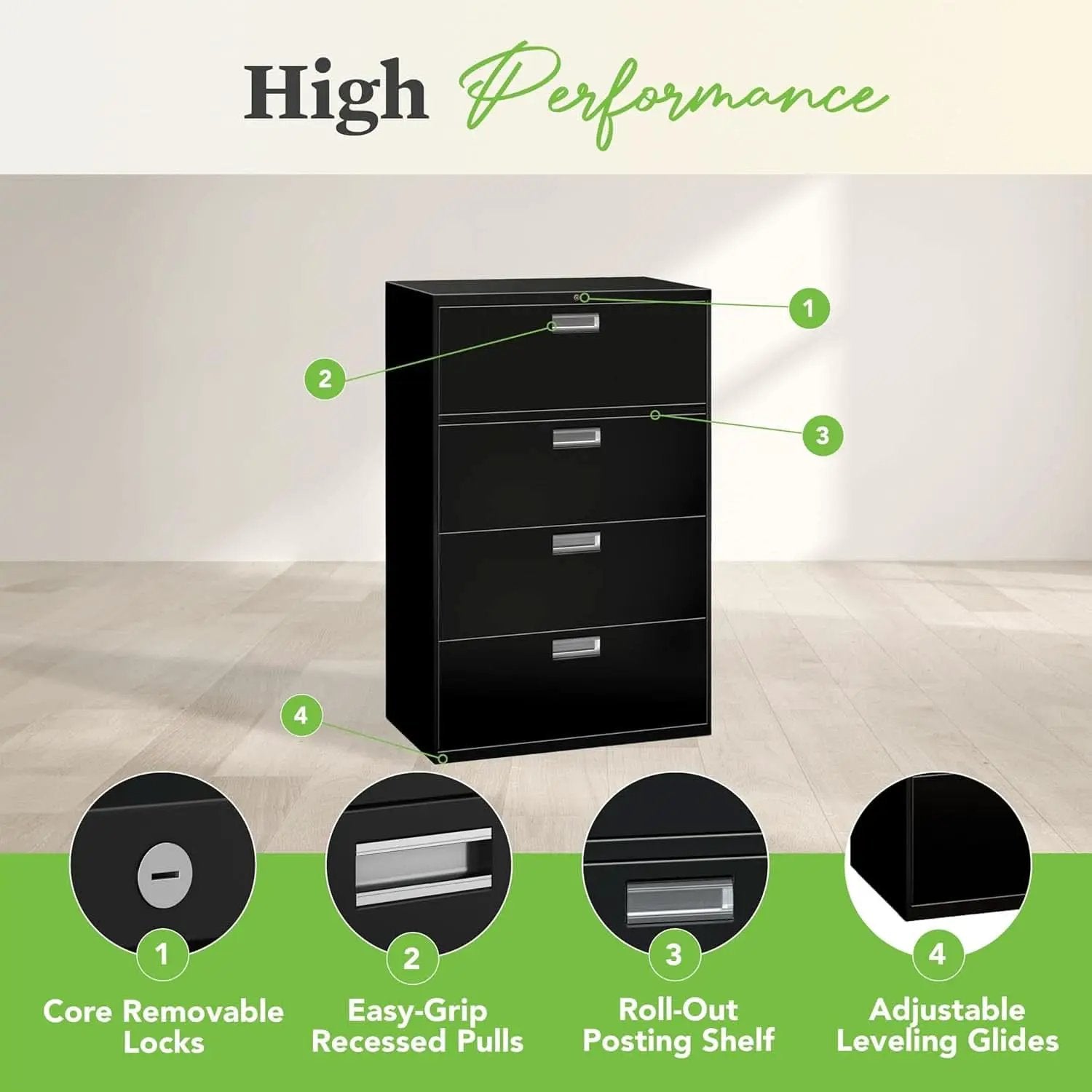Lateral File Cabinet 4 Drawer Black Metal Office Storage from PriceLows™