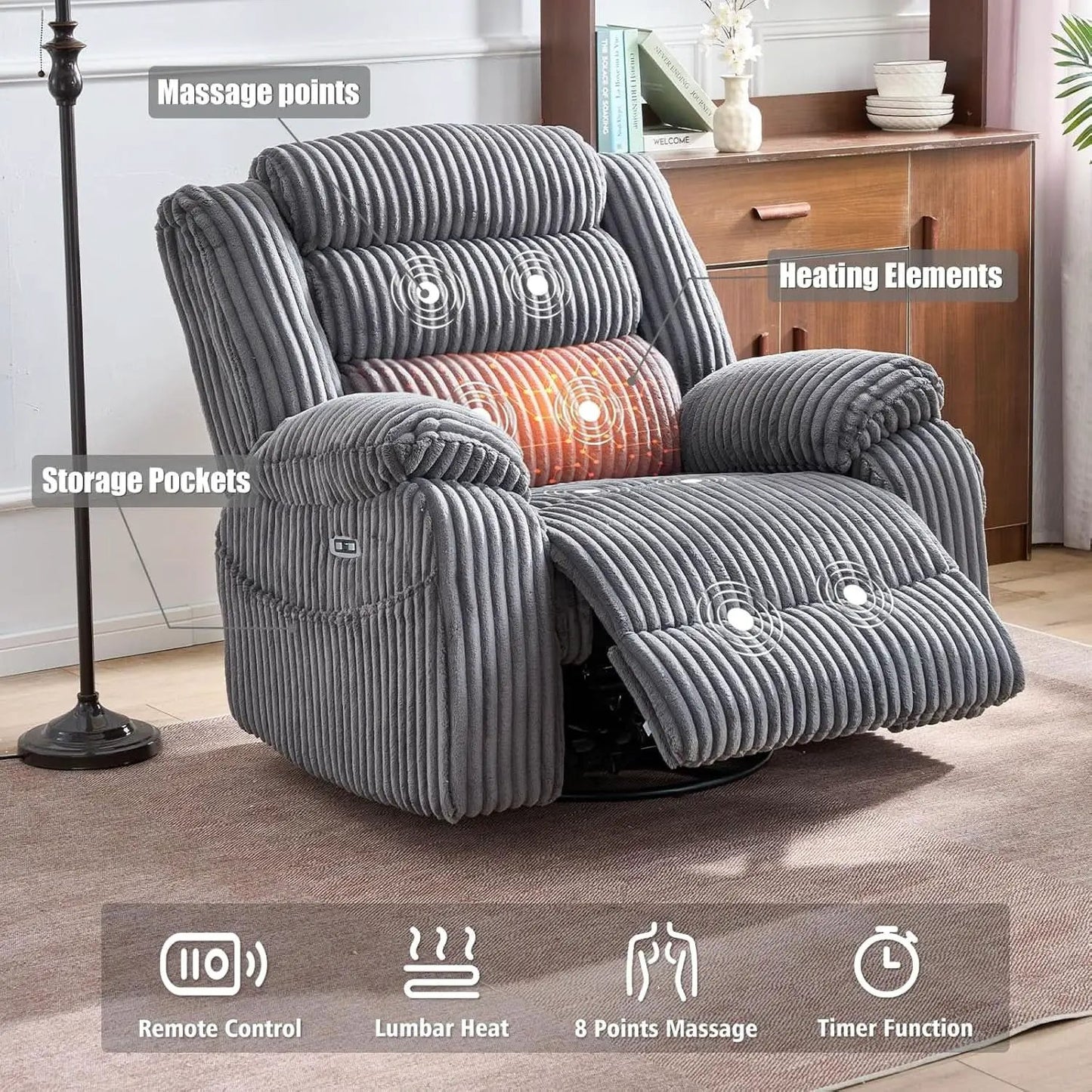 Grey Heated Massage Power Recliner With USB Port Charging from PriceLows™