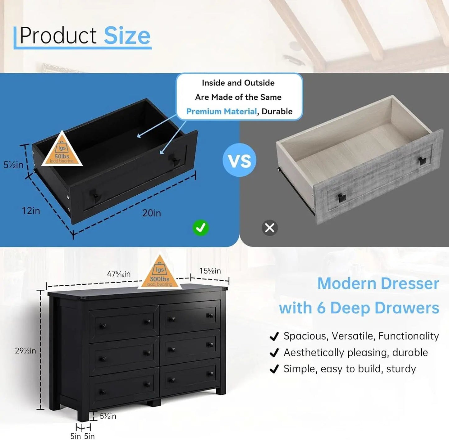 Black Dresser With 6 Drawers For Bedroom Modern Storage from PriceLows™